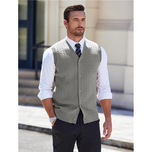 Men's Sleeveless Sweater Vest V-Neck Casual Cable Knit Button Down